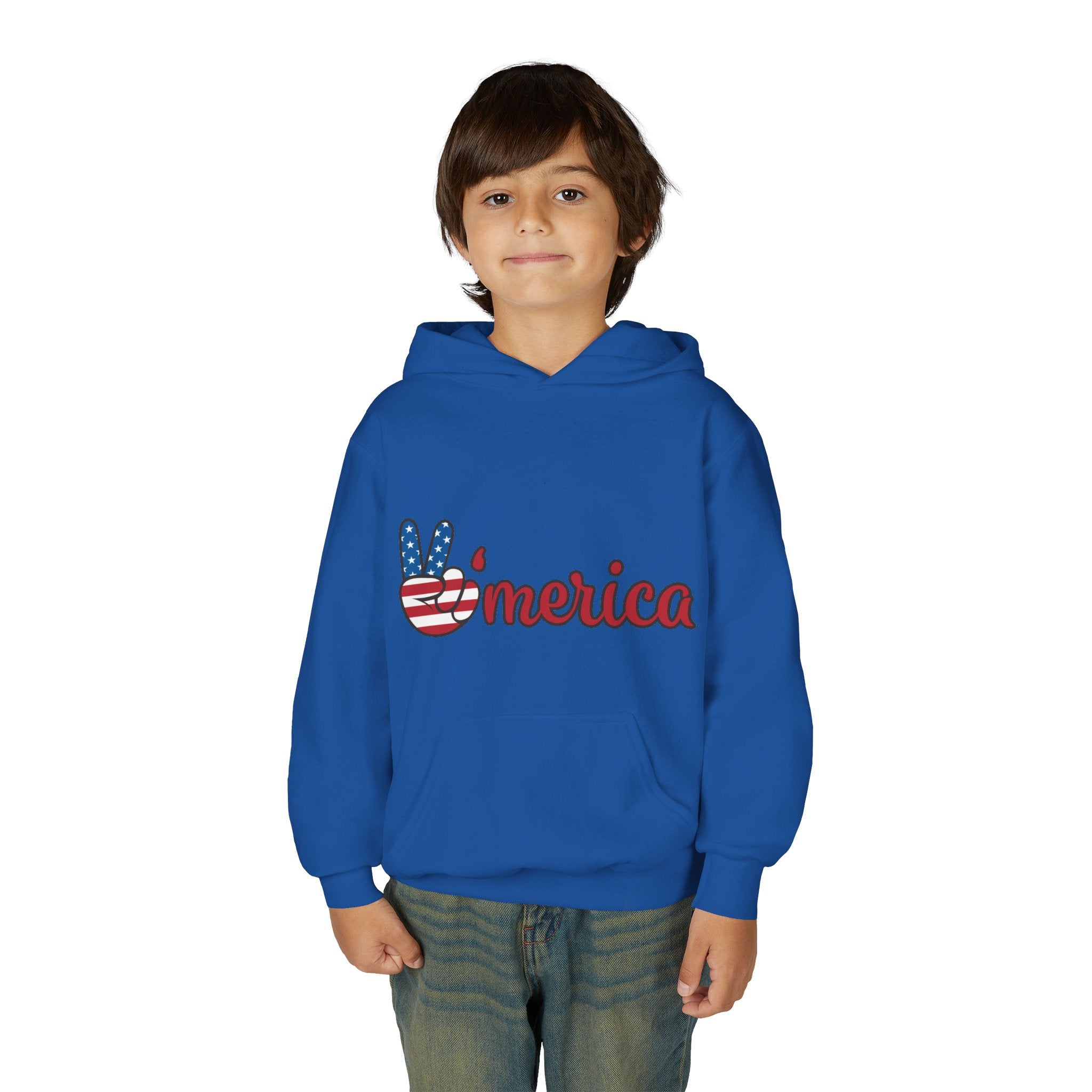 Youth Heavy Blend Hooded Sweatshirt with American Peace Sign and Astronaut Graphic
