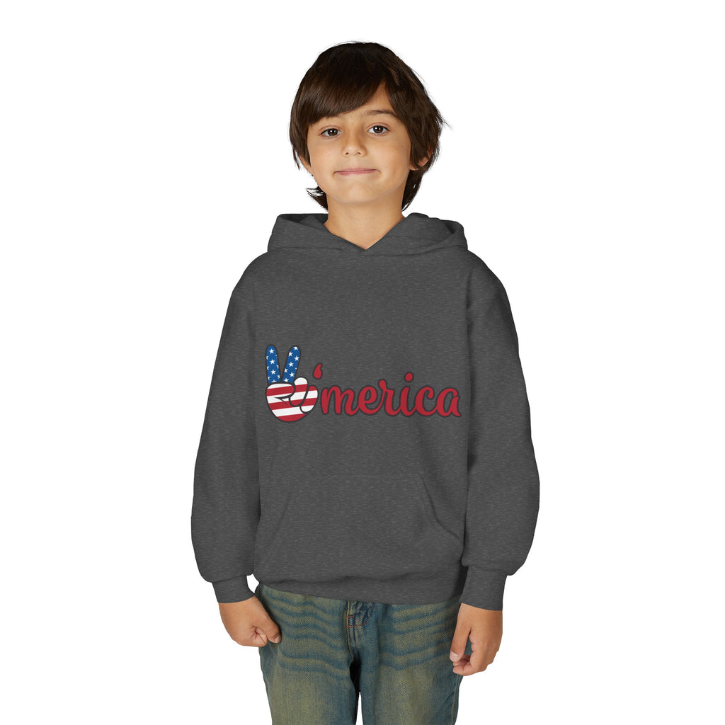 Youth Heavy Blend Hooded Sweatshirt with American Peace Sign and Astronaut Graphic