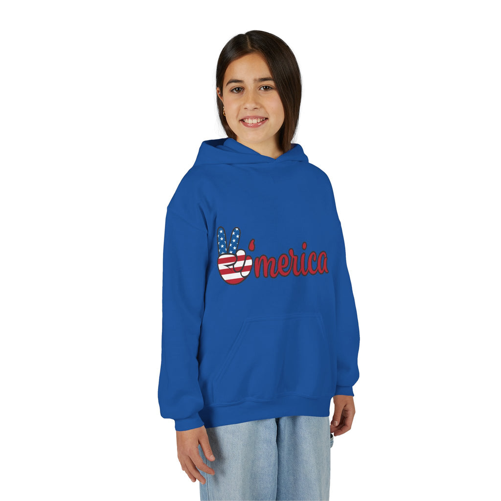 Youth Heavy Blend Hooded Sweatshirt with American Peace Sign and Astronaut Graphic