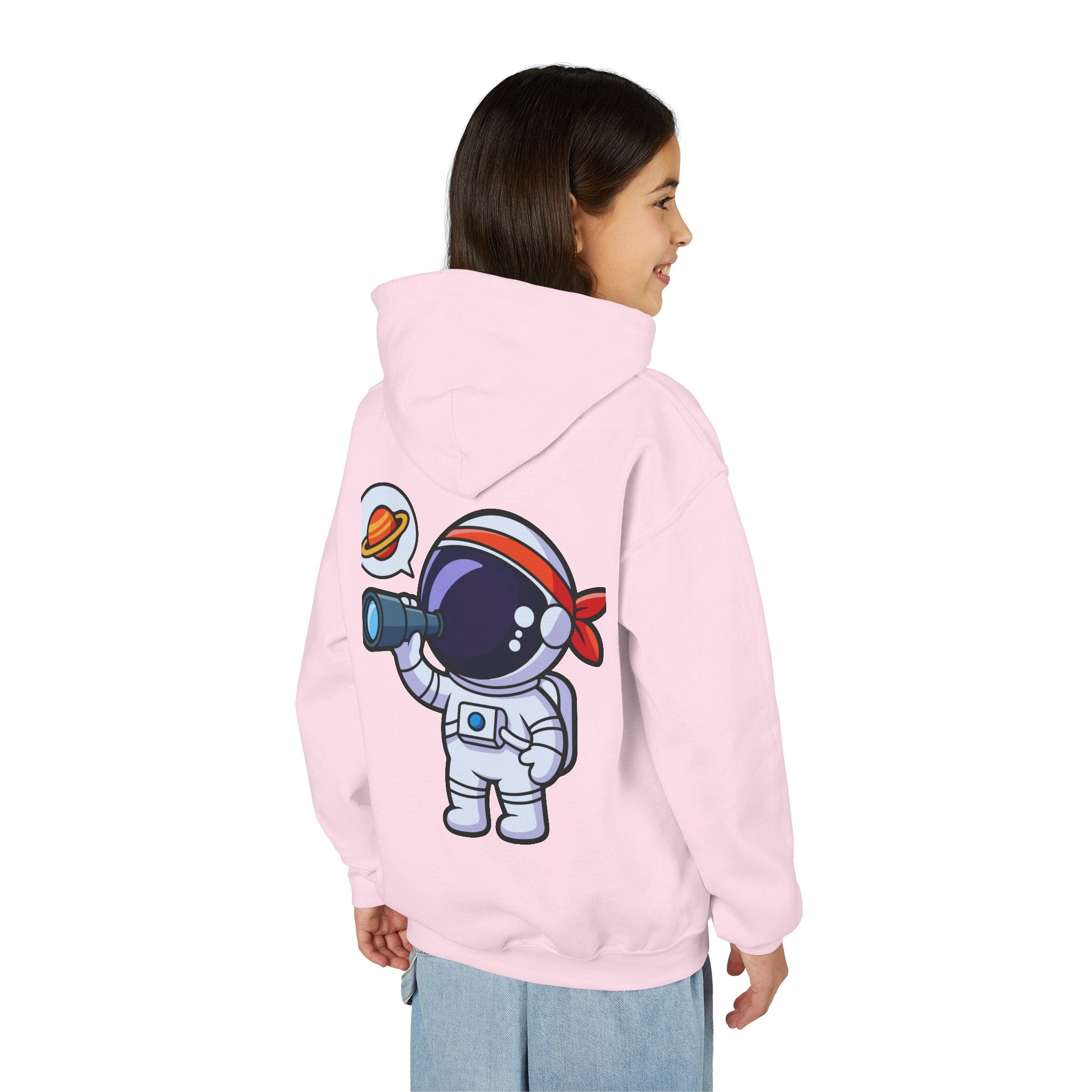 Youth Heavy Blend Hooded Sweatshirt with American Peace Sign and Astronaut Graphic
