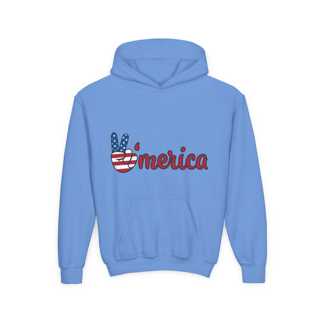 Youth Heavy Blend Hooded Sweatshirt with American Peace Sign and Astronaut Graphic