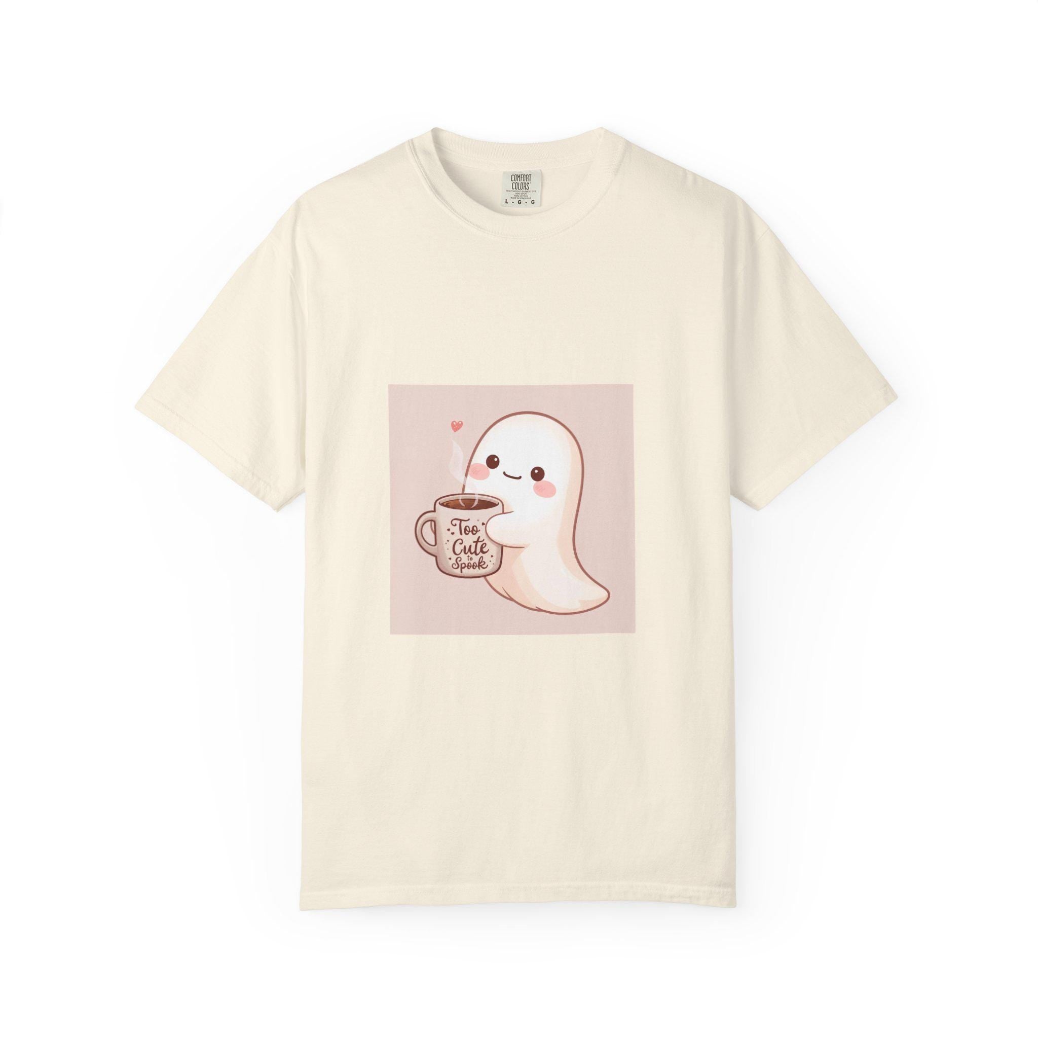 Kawaii Ghost T-shirt, Pastel Aesthetic Tee, Halloween Coffee Lover Gift, Funny Graphic Shirt, Mint Green Unisex Top, Cozy Fall Clothing,
