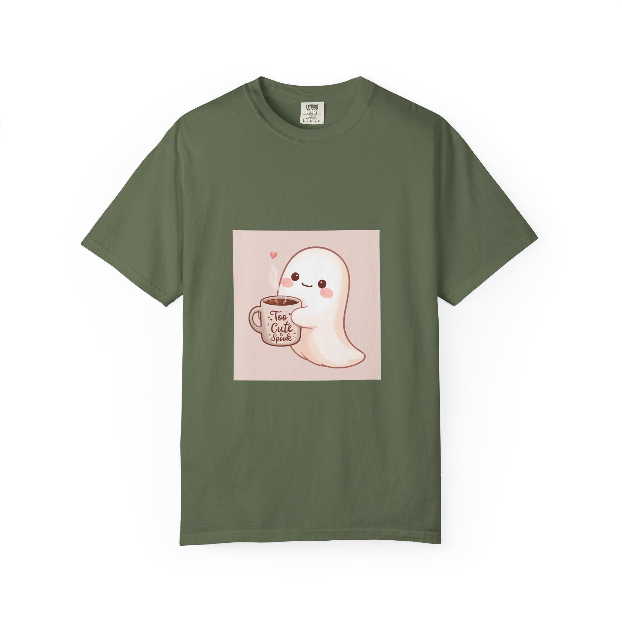 Kawaii Ghost T-shirt, Pastel Aesthetic Tee, Halloween Coffee Lover Gift, Funny Graphic Shirt, Mint Green Unisex Top, Cozy Fall Clothing,